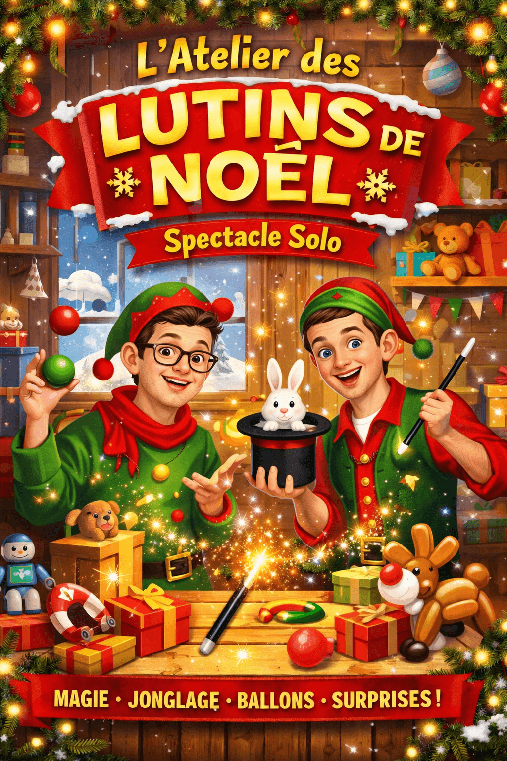 Affiche du spectacle de Noël solo « L’Atelier des Lutins de Noël » pour enfants de 0,5 à 5 ans. Un lutin caricaturé inspiré de Tonix dans un atelier du Pôle Nord fabrique, teste et emballe des jouets. Spectacle magique et participatif avec jonglage, magie, sculptures de ballons et ateliers interactifs. Idéal pour écoles, crèches et événements jeunesse à Bordeaux, en Gironde et toute l’Aquitaine.