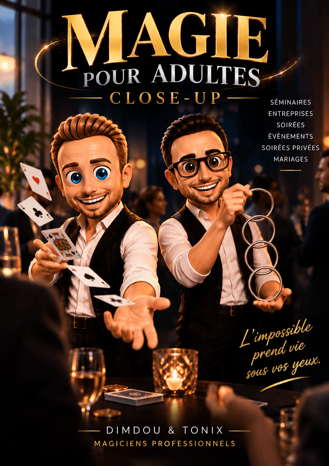Magicien adulte et magie close-up à Bordeaux – Dimdou et Tonix, magiciens professionnels pour séminaires, entreprises, événements, soirées privées et réceptions en Gironde, sur le Bassin