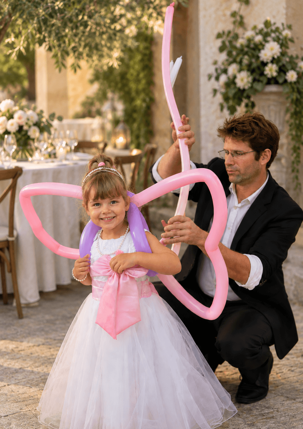 Magicien et sculpteur de ballons professionnel proposant une animation de mariage pour enfants avec spectacle de magie et sculptures sur ballons.